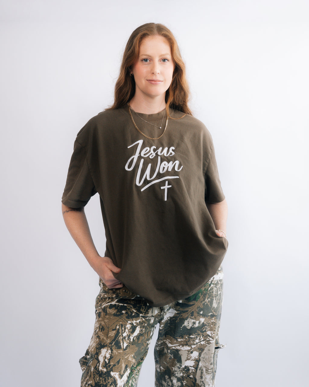 Brown & White Jesus Won Heavyweight T-Shirt
