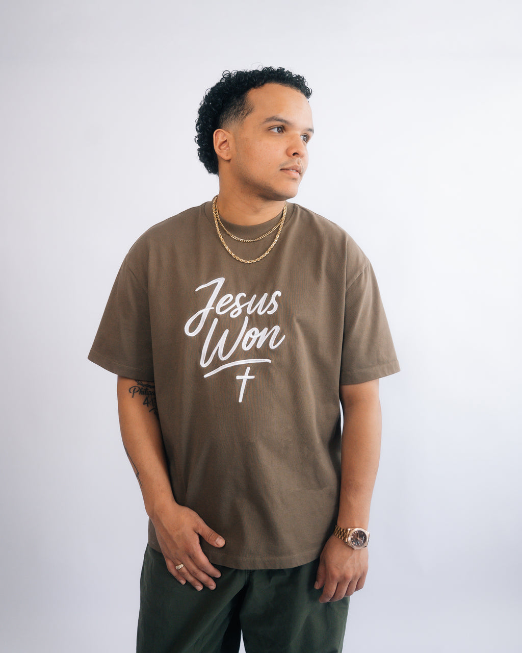 Brown & White Jesus Won Heavyweight T-Shirt