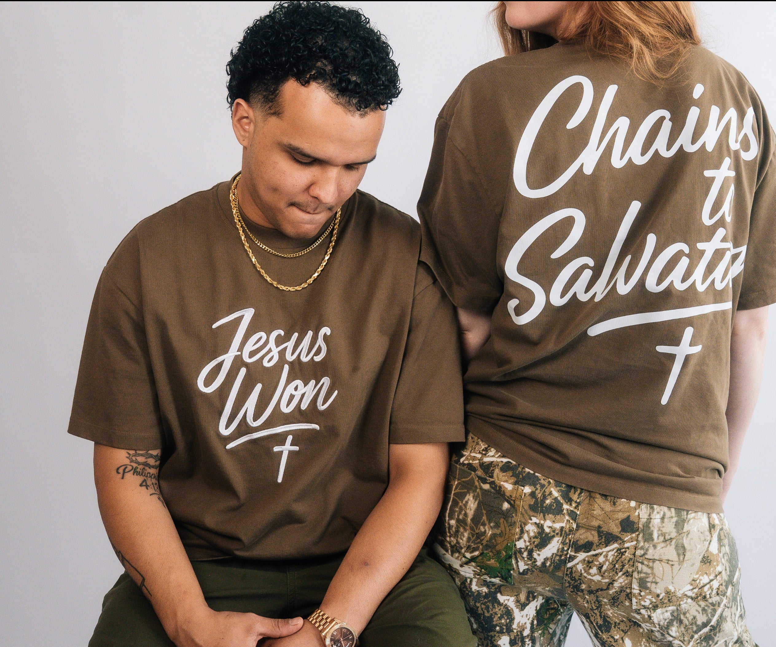 Brown & White Jesus Won Heavyweight T-Shirt