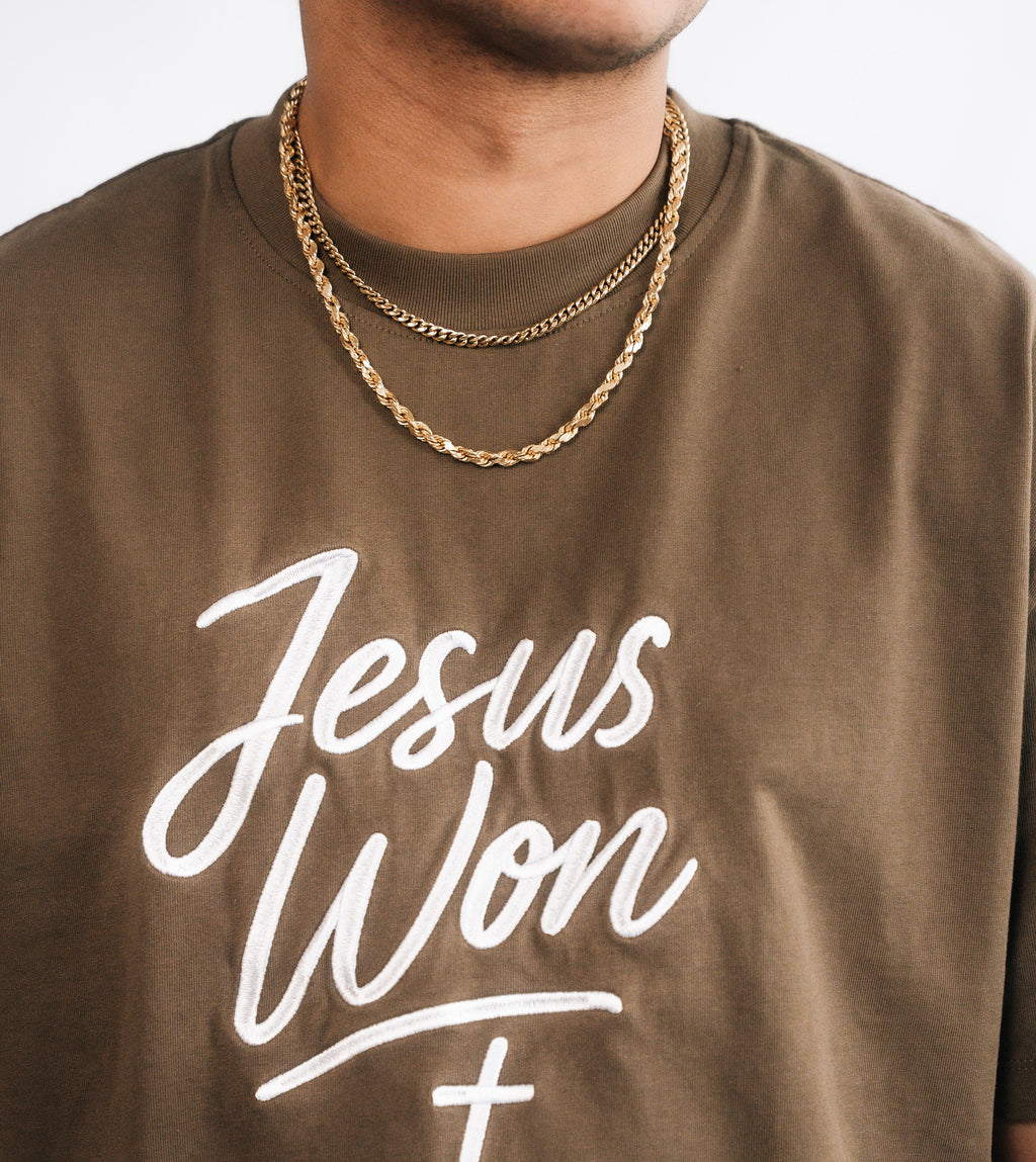 Brown & White Jesus Won Heavyweight T-Shirt